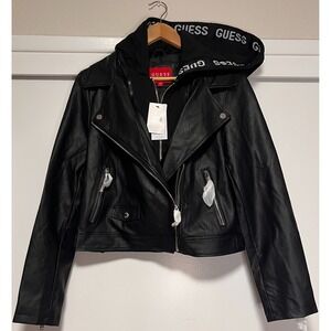 GUESS Womens Black Faux Leather Moto Jacket Hooded Biker Jacket Zip Front Large